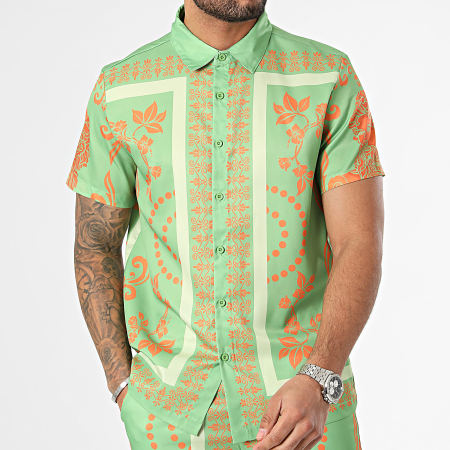 Frilivin - Conjunto de camisa de manga corta y pantalón corto de jogging verde anaranjado