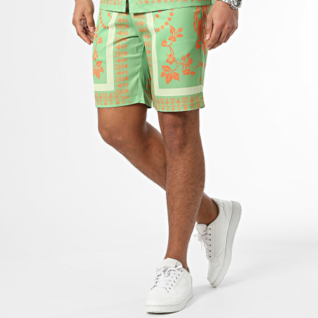 Frilivin - Conjunto de camisa de manga corta y pantalón corto de jogging verde anaranjado