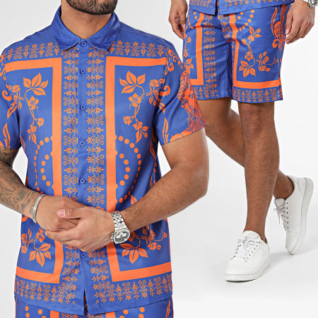 Frilivin - Set camicia a maniche corte e pantaloncini da jogging blu-arancio
