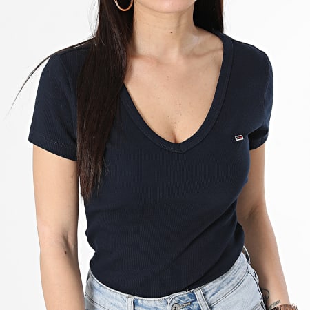 Tommy Jeans - Camiseta mujer cuello pico Slim Essential Rib 7385 Azul marino