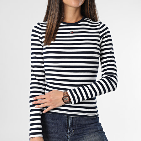 Tommy Jeans - Tee Shirt Manches Longues Femme Essential Rib Stripe 7886 Bleu Marine Blanc