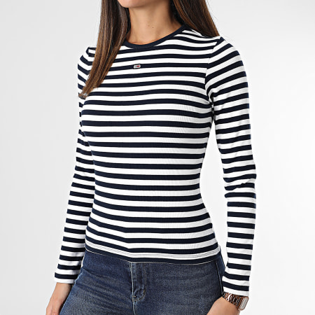 Tommy Jeans - Maglietta da donna Essential Rib Stripe a maniche lunghe 7886 Navy Blue White