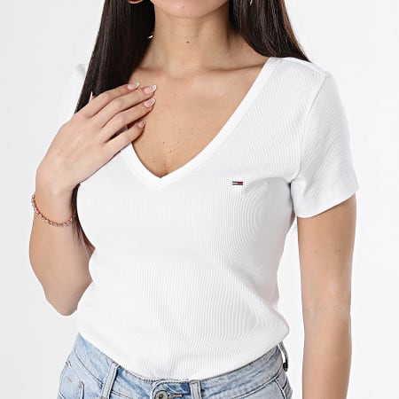 Tommy Jeans - Camiseta mujer cuello pico Slim Essential Rib 7385 Blanco