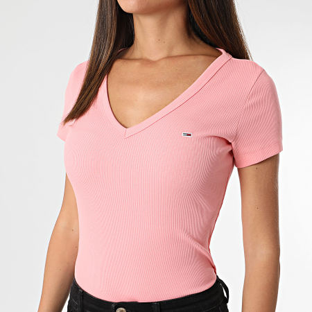 Tommy Jeans - T-shirt donna con scollo a V Slim Essential Rib 7385 Pink