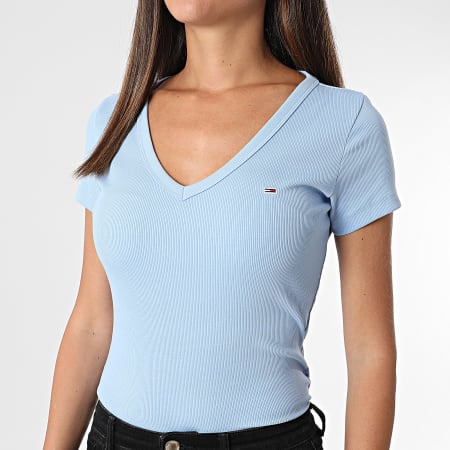 Tommy Jeans - T-shirt donna con scollo a V Slim Essential Rib 7385 Azzurro