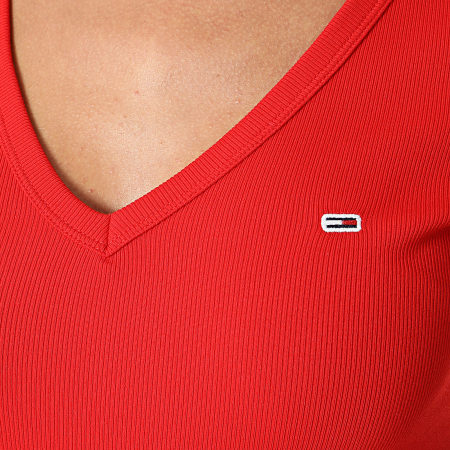 Tommy Jeans - Camiseta mujer cuello pico Slim Essential Rib 7385 Rojo