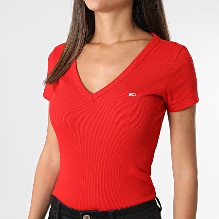 Tommy Jeans - T-shirt donna con scollo a V Slim Essential Rib 7385 Rosso