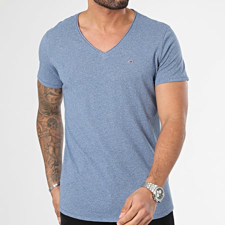 Tommy Jeans - T-shirt blu screziata con scollo a V