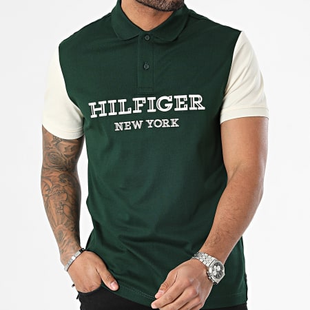 Tommy Hilfiger - Polo Manches Courtes Regular Fit Monotype Colourblock 4751 Vert Foncé Beige