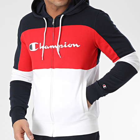 Champion - Felpa con cappuccio e zip e pantaloni da jogging 219943 Navy Red White Set