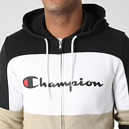 Champion - Felpa con cappuccio e zip e pantaloni da jogging 219943 Set beige bianco nero