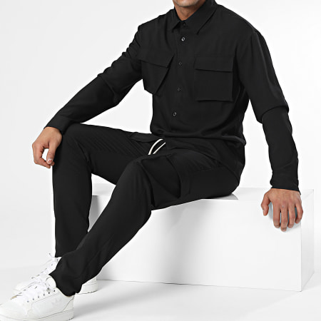 KZR - Set di pantaloni cargo e maglietta a maniche lunghe nera