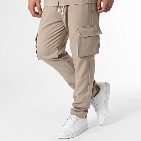 KZR - Conjunto de sobrecamisa de manga larga y pantalón cargo beige