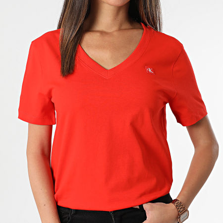 Calvin Klein - Tee Shirt Col V Femme 2560 Rouge