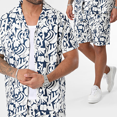 Frilivin - Set di camicia a maniche corte e pantaloncini da jogging bianchi e blu navy