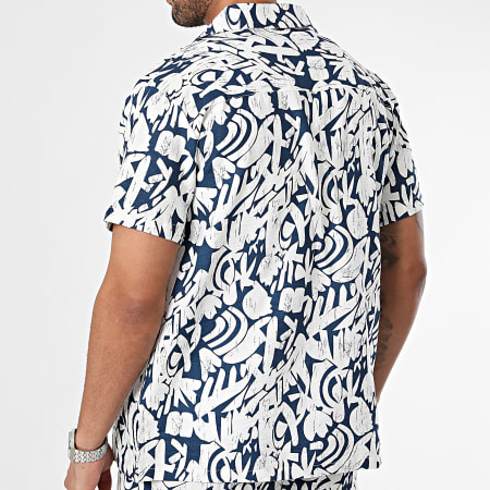Frilivin - Set di camicia a maniche corte e pantaloncini da jogging bianchi e blu navy