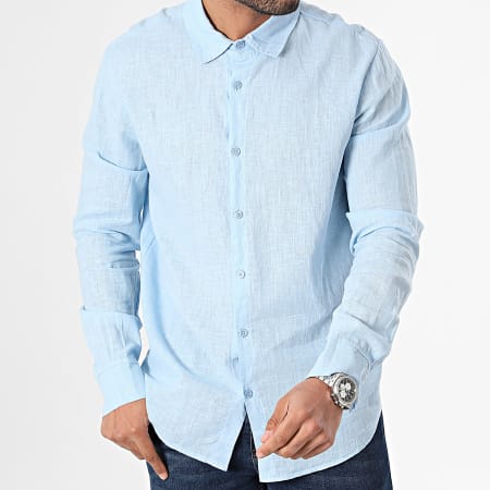 Frilivin - Camisa de manga larga de lino azul claro