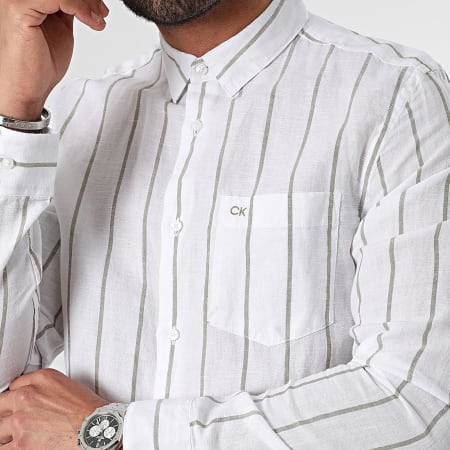 Calvin Klein - Camisa de rayas de manga larga 2707 Blanco Verde Caqui