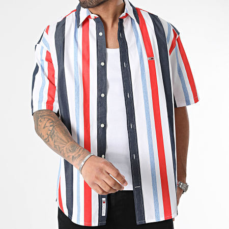 Tommy Jeans - Chemise Manches Courtes A Rayures Relax Stripes 8966 Bleu Blanc Rouge