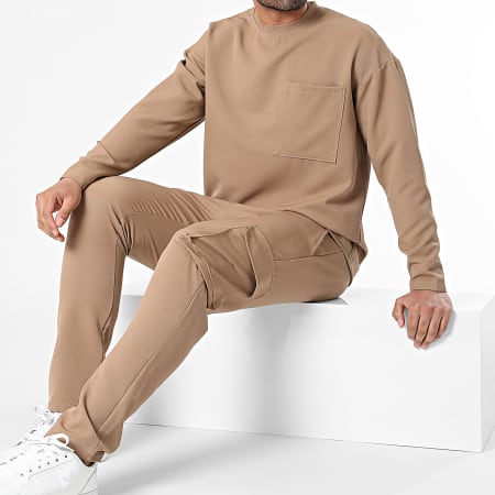 KZR - Set di maglietta a maniche lunghe e pantaloni cargo color cammello
