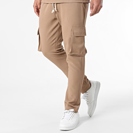 KZR - Set di maglietta a maniche lunghe e pantaloni cargo color cammello