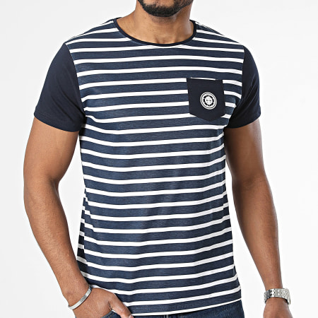 La Maison Blaggio - Camiseta de bolsillo a rayas azul marino y blanco