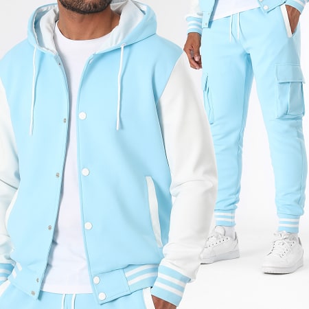 LBO - Giacca con cappuccio e pantaloni da jogging Teddy 0187 Set azzurro bianco