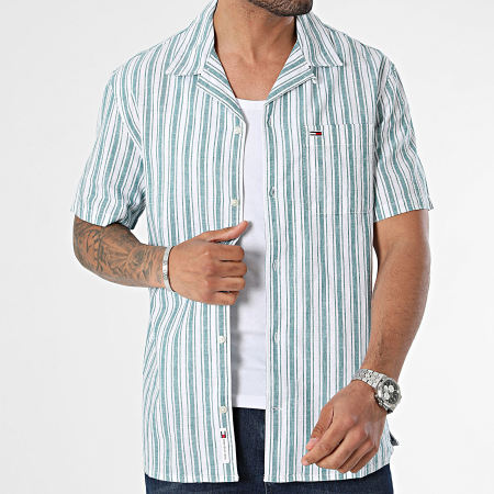 Tommy Jeans - Chemise Manches Courtes Rayée Regular Stripe Linen 8961 Vert Blanc
