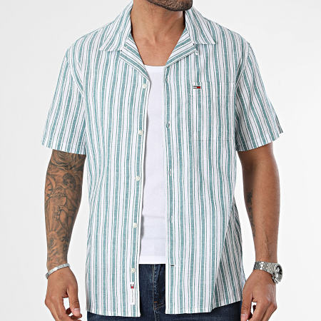 Tommy Jeans - Chemise Manches Courtes Rayée Regular Stripe Linen 8961 Vert Blanc