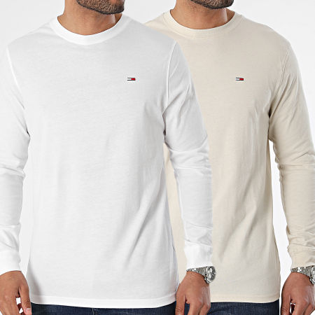 Tommy Jeans - Lot De 2 Tee Shirts Manches Longues Slim Pack 8438 Blanc Beige