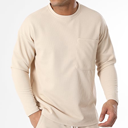 Uniplay - Conjunto de sudadera de cuello redondo beige con bolsillo y pantalón de jogging