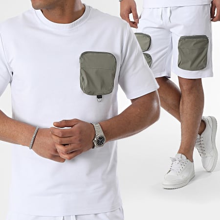 Classic Series - Blanco Verde Caqui Bolsillo Camiseta Y Pantalones Cortos Conjunto