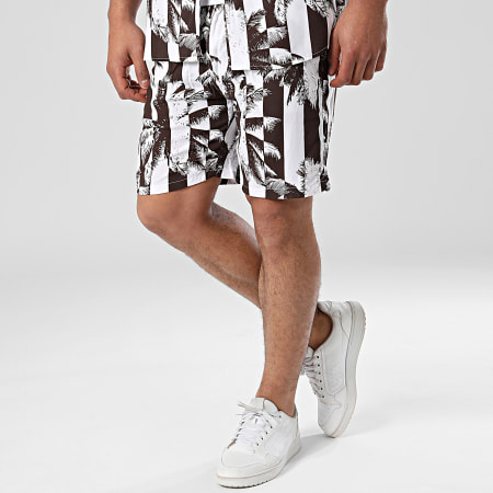 KZR - Set camicia a maniche corte e pantaloncini da jogging bianco marrone