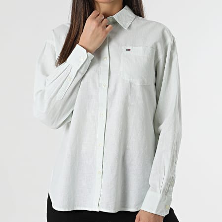 Tommy Jeans - Camicia donna a maniche lunghe a righe Boxy Stripe Linen 7737 Bianco Verde chiaro