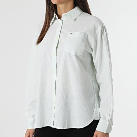Tommy Jeans - Camicia donna a maniche lunghe a righe Boxy Stripe Linen 7737 Bianco Verde chiaro