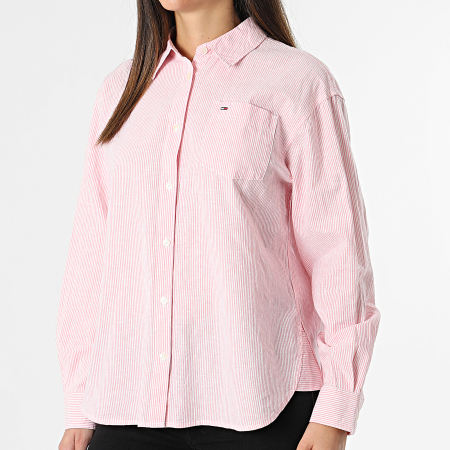 Tommy Jeans - Camisa de rayas para mujer Boxy Stripe Linen 7737 White Pink Camisa de rayas de manga larga