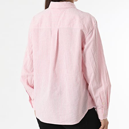 Tommy Jeans - Camisa de rayas para mujer Boxy Stripe Linen 7737 White Pink Camisa de rayas de manga larga