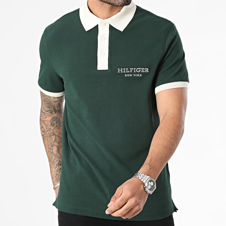 Tommy Hilfiger - Polo manica corta regular fit Monotype Ringer 4770 verde scuro beige