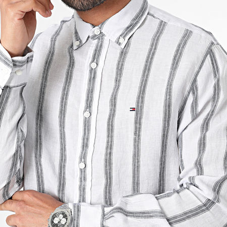 Tommy Hilfiger - Lino Camisa de Manga Larga a Rayas Triple Rayas 4612 Blanco Gris