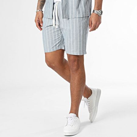 Frilivin - Set camicia a maniche corte e pantaloncini da jogging a righe bianche e blu