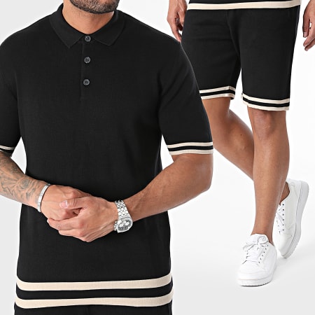 2Y Premium - Conjunto de polo de manga corta y pantalón corto de jogging Negro Beige