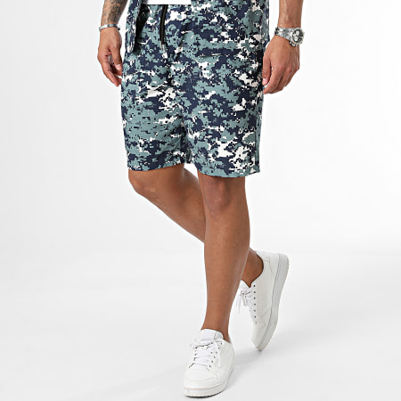 John H - Set di camicia a maniche corte e pantaloncini da jogging blu e bianco della marina