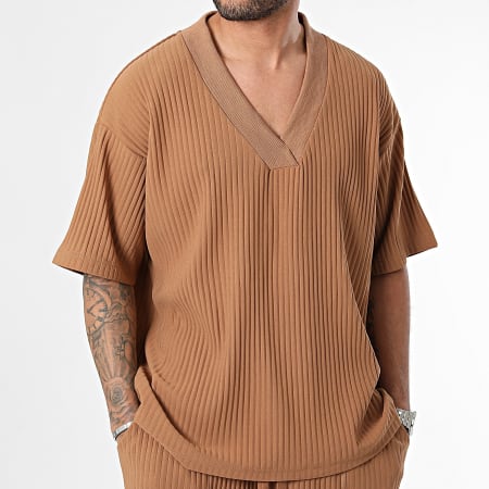 John H - Conjunto de camiseta oversize camel y pantalón corto de jogging