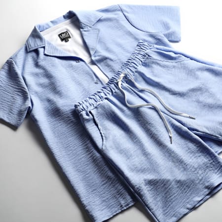 LBO - Conjunto de camisa de manga corta y pantalón corto efecto lino 1177 Azul claro