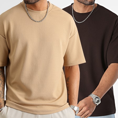 LBO - Lote De 2 Camisetas Texturizadas Waffle Grande 0211 1042 Beige Marrón Oscuro