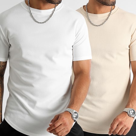 LBO - Set di 2 magliette testurizzate Waffle 0296 0299 Bianco Beige chiaro