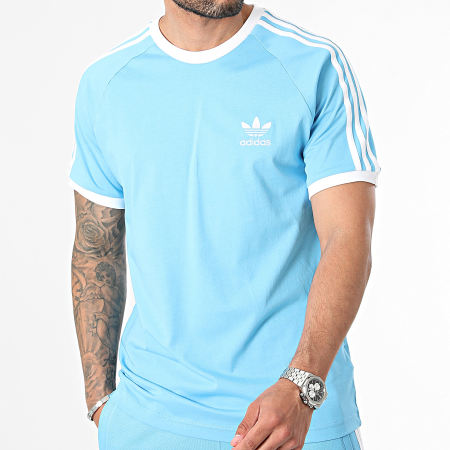 Adidas Originals - Ensemble Tee Shirt Et Short Jogging A Bandes IM9392-IR8008 Bleu Blanc