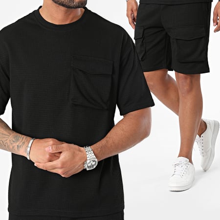 MTX - Set di maglietta nera con tasca e pantaloncini cargo