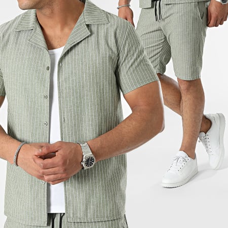 MTX - Conjunto de camisa y pantalón corto a rayas verde caqui