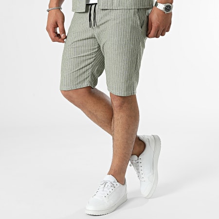 MTX - Conjunto de camisa y pantalón corto a rayas verde caqui
